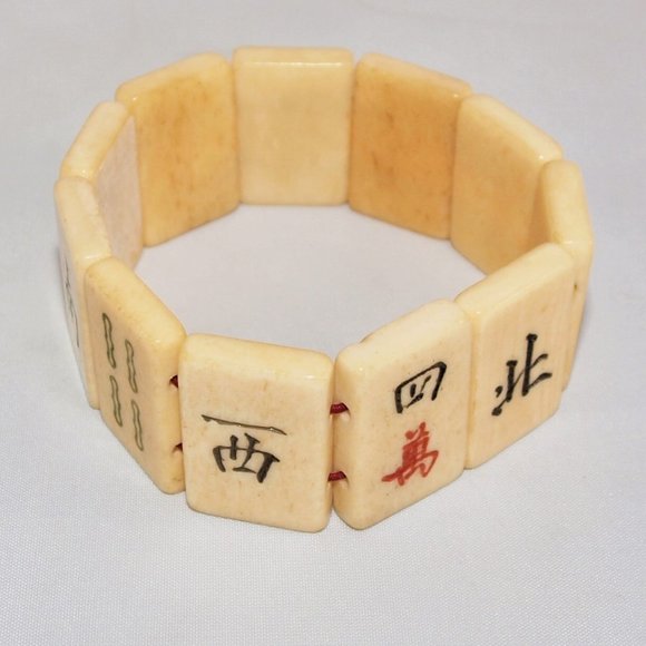 Vintage Carved Bone Mahjong Tile Bracelet - Picture 4 of 6